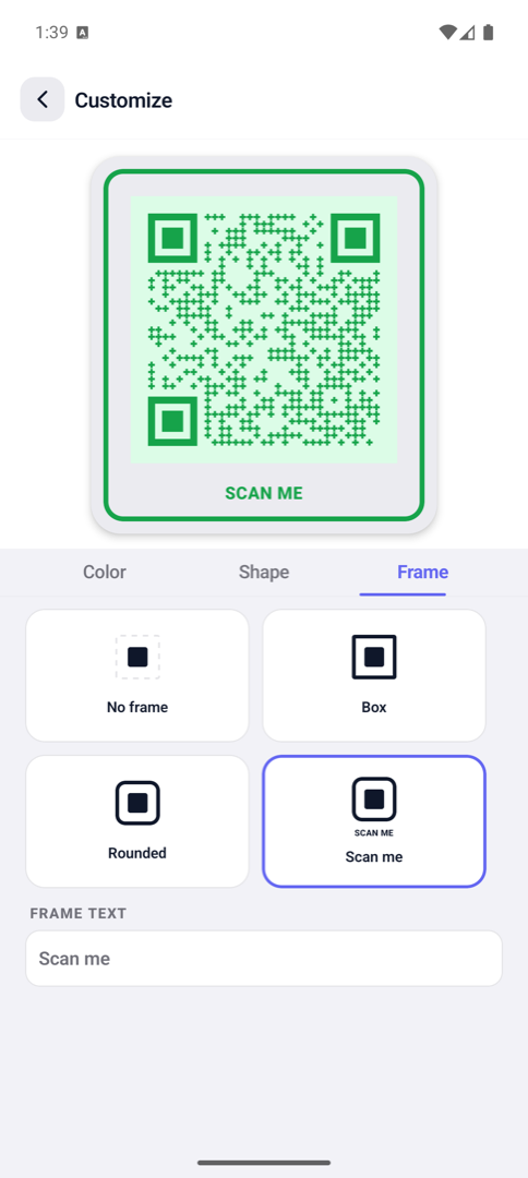 Customize screen showing colour, shape and frame options