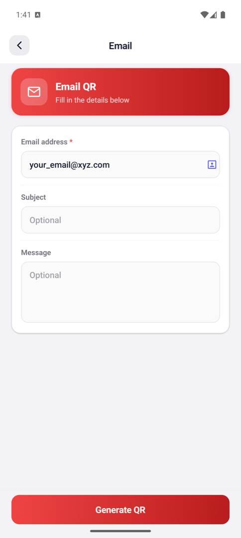 Email QR code form with address, subject and message fields