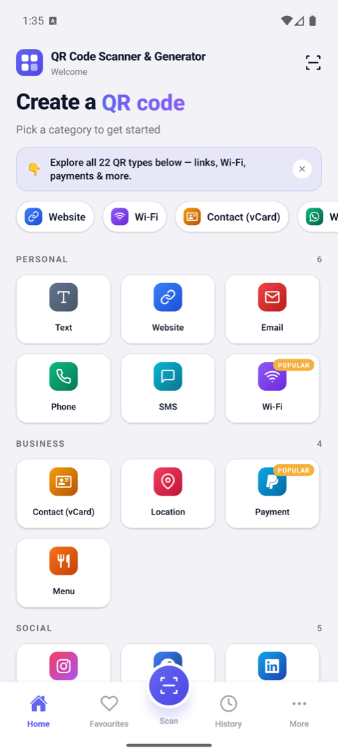 Home screen showing QR code categories