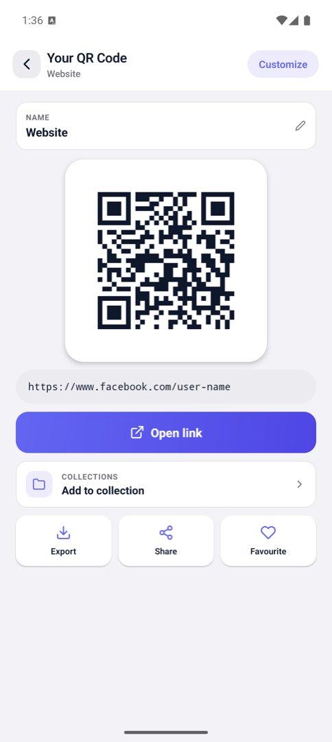 Generated QR code with export, share and favourite actions
