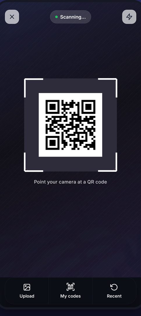 Scanner screen actively scanning a QR code