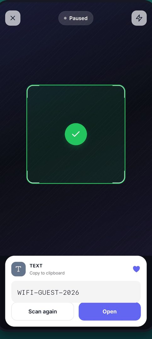 Scan result sheet with copy and open actions