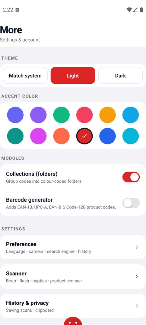 Settings screen with theme modes and twelve accent colours