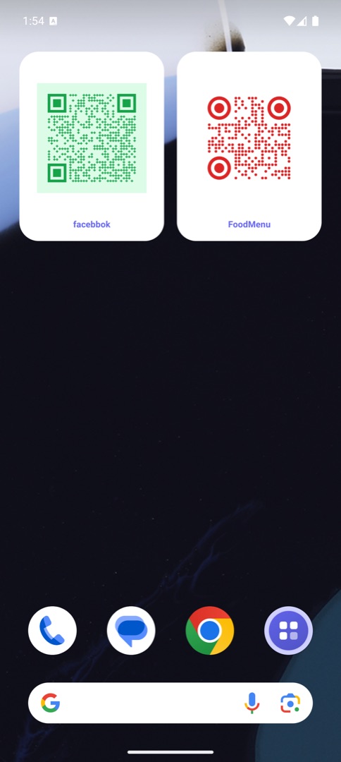 Two QR code widgets pinned to the Android home screen